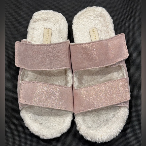 REVITALIGN Amelia Pink Sparkle Adjustable Leather/faux-fur Orthotic Slipper-10 - Picture 4 of 11